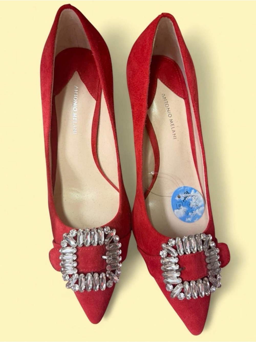ANTONIO MELANI Red Suede Pointed Toe Crystal Buckle Pumps sz 8